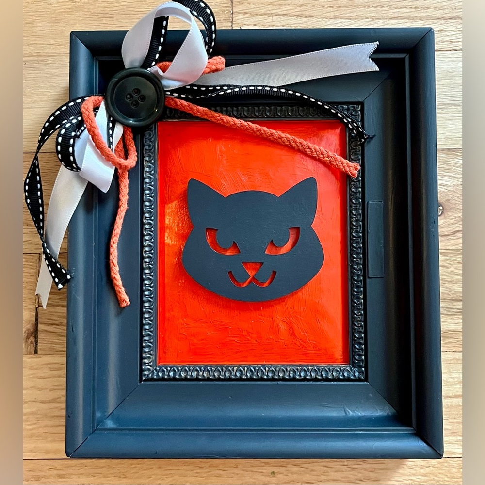 Handmade Halloween Black Cat Wall Art Orange Black Ribbons